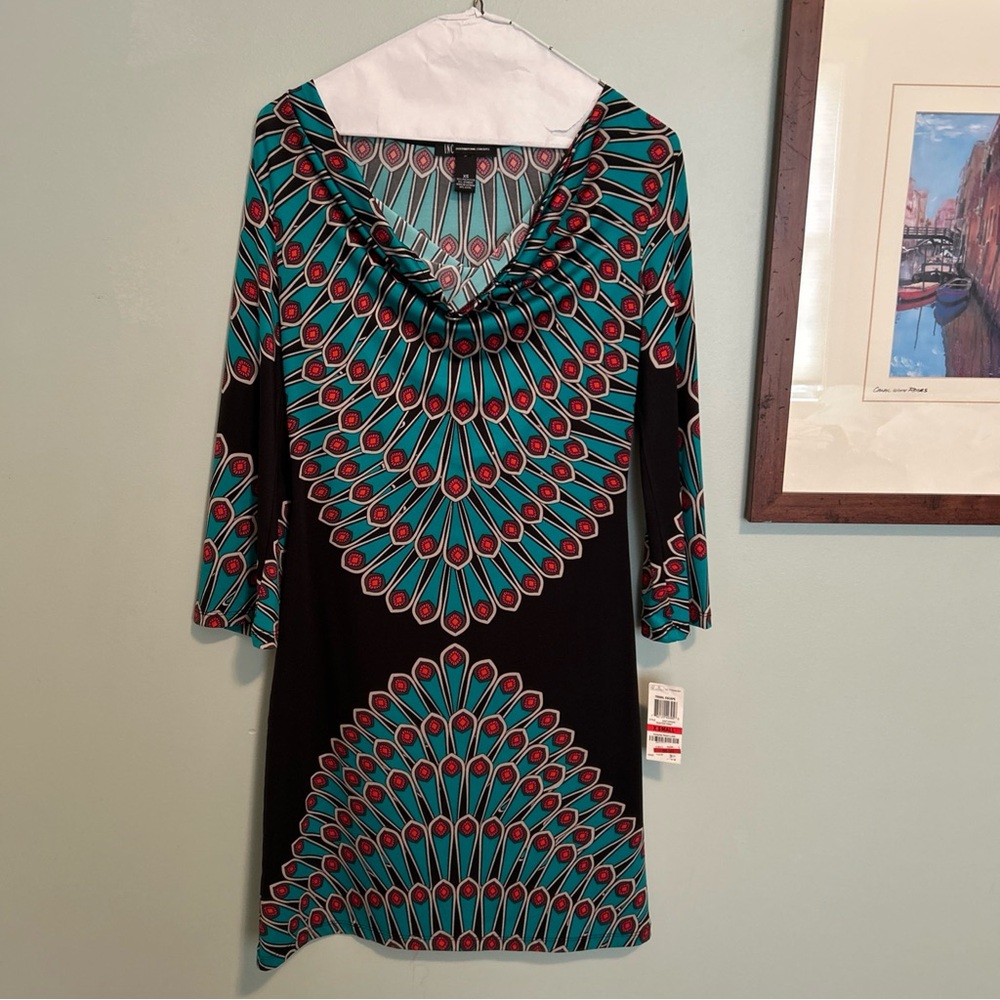 Peacock Patterned Dress with Cowl Neck
